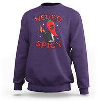Purple crewneck sweatshirt with 'NEURO SPICY' graphic and red rocket cat illustration