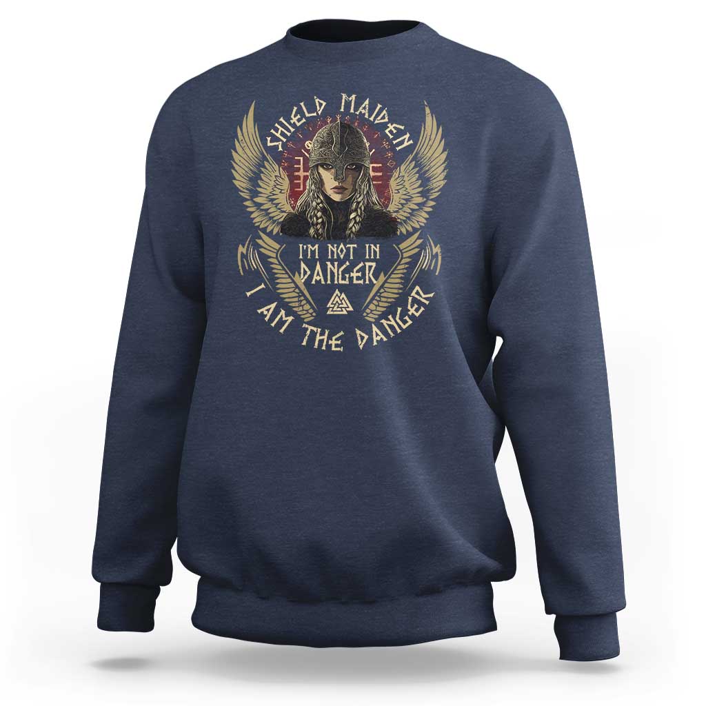 Navy sweatshirt with winged warrior graphic on front
