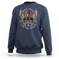 Navy sweatshirt with winged warrior graphic on front
