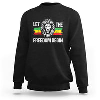 Black crewneck sweatshirt with lion graphic and 'LET THE FREEDOM BEGIN' print