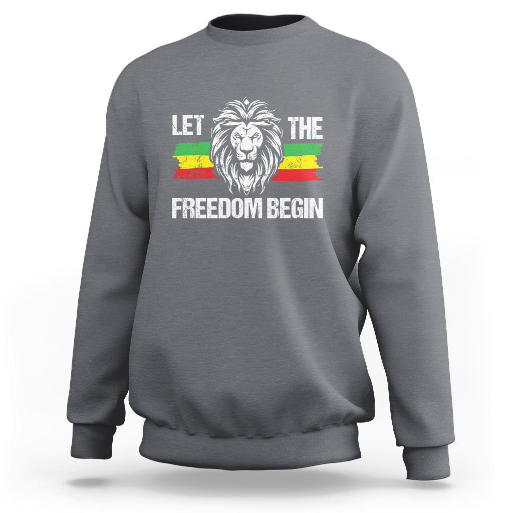 Charcoal gray crewneck sweatshirt with lion graphic and 'LET THE FREEDOM BEGIN' print