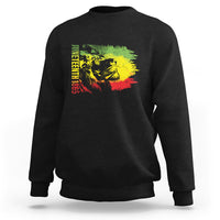 Black crewneck sweatshirt with colorful lion portrait graphic on the chest