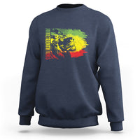 Navy crewneck sweatshirt with colorful lion portrait graphic on the chest