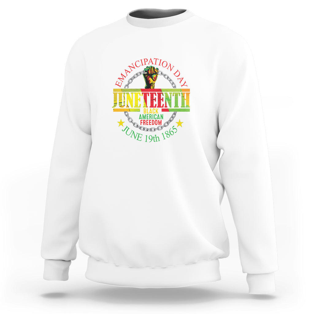 White Juneteenth sweatshirt with colorful Emancipation Day graphic on chest