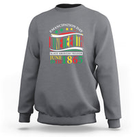 Heather gray crewneck sweatshirt with Juneteenth graphic and “June 19th 1865” text