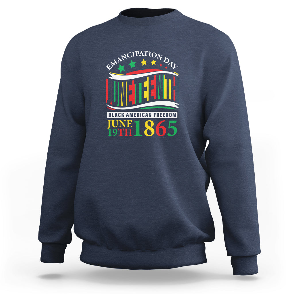 Blue crewneck sweatshirt with Juneteenth graphic and “June 19th 1865” text