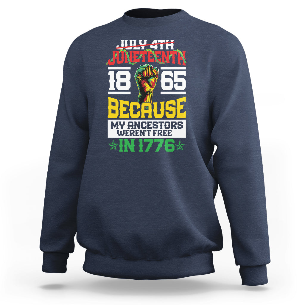 Navy Juneteenth sweatshirt with colorful front graphic print and crew neck