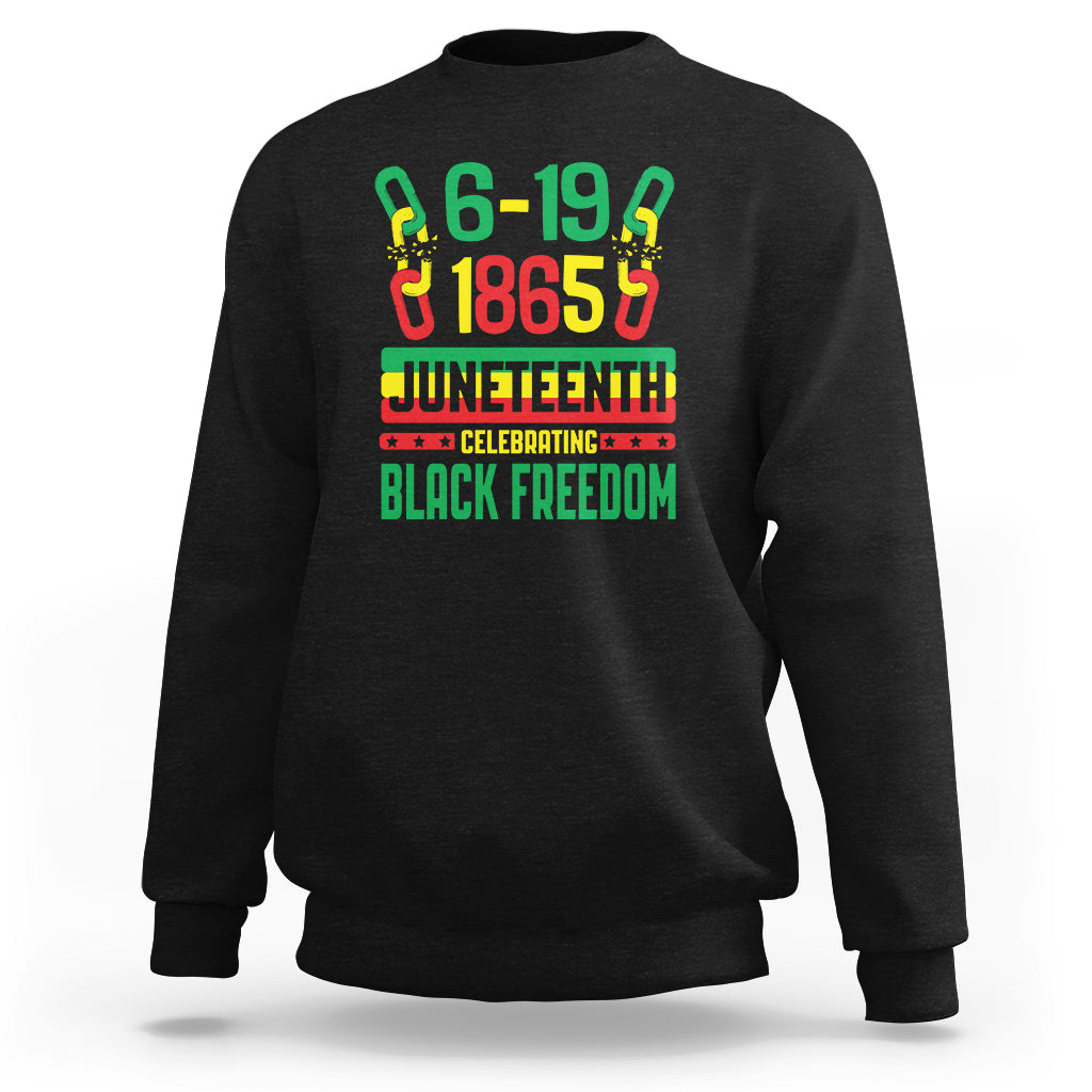 Black crewneck sweatshirt with colorful Juneteenth “6-19 1865” graphic on front