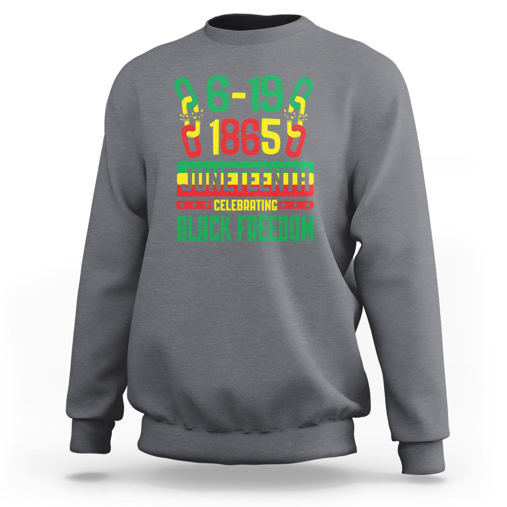 Charcoal gray crewneck sweatshirt with colorful Juneteenth “6-19 1865” graphic on front