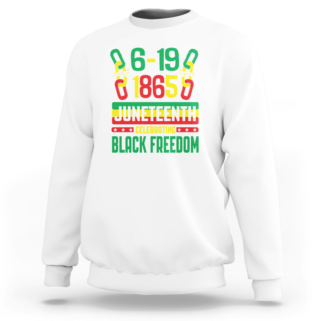 White crewneck sweatshirt with colorful Juneteenth “6-19 1865” graphic on front