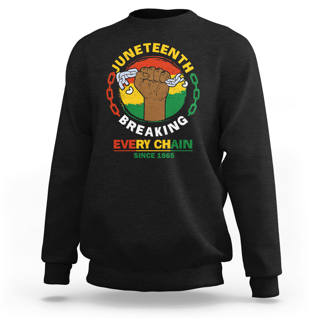 Black crewneck sweatshirt with Juneteenth “Breaking Every Chain” chest graphic