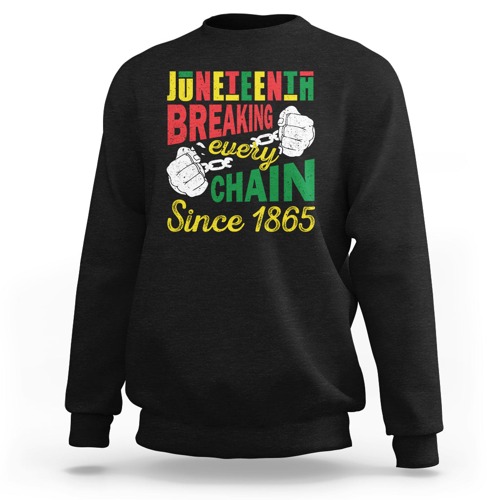Black crewneck sweatshirt with multicolor Juneteenth chain-break front graphic