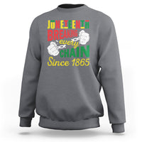 Charcoal gray crewneck sweatshirt with multicolor Juneteenth chain-break front graphic