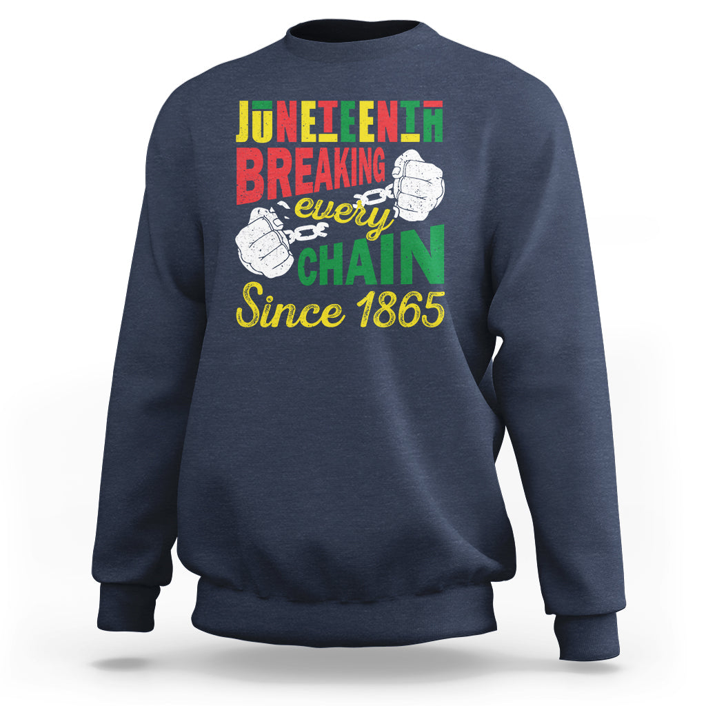 Navy crewneck sweatshirt with multicolor Juneteenth chain-break front graphic