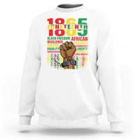 White Juneteenth sweatshirt with colorful 'Juneteenth' graphic and raised-fist portrait