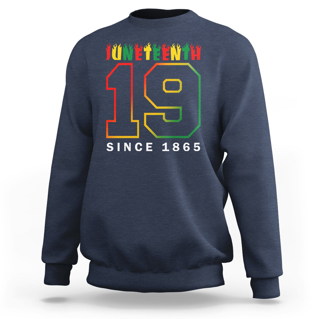 Navy Juneteenth sweatshirt with large 19 graphic and “SINCE 1865” text