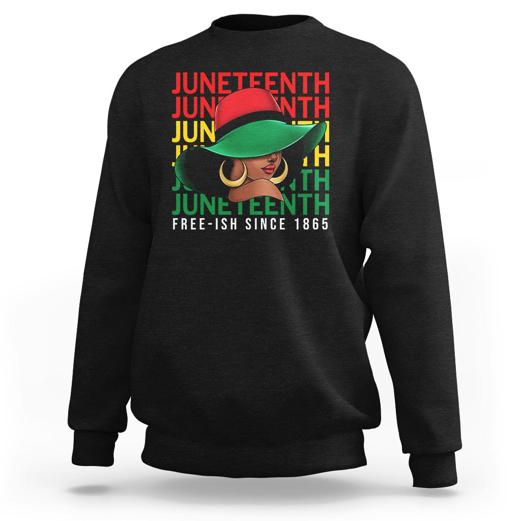 Black crewneck sweatshirt with colorful Juneteenth graphic and “Free-ish since 1865” text