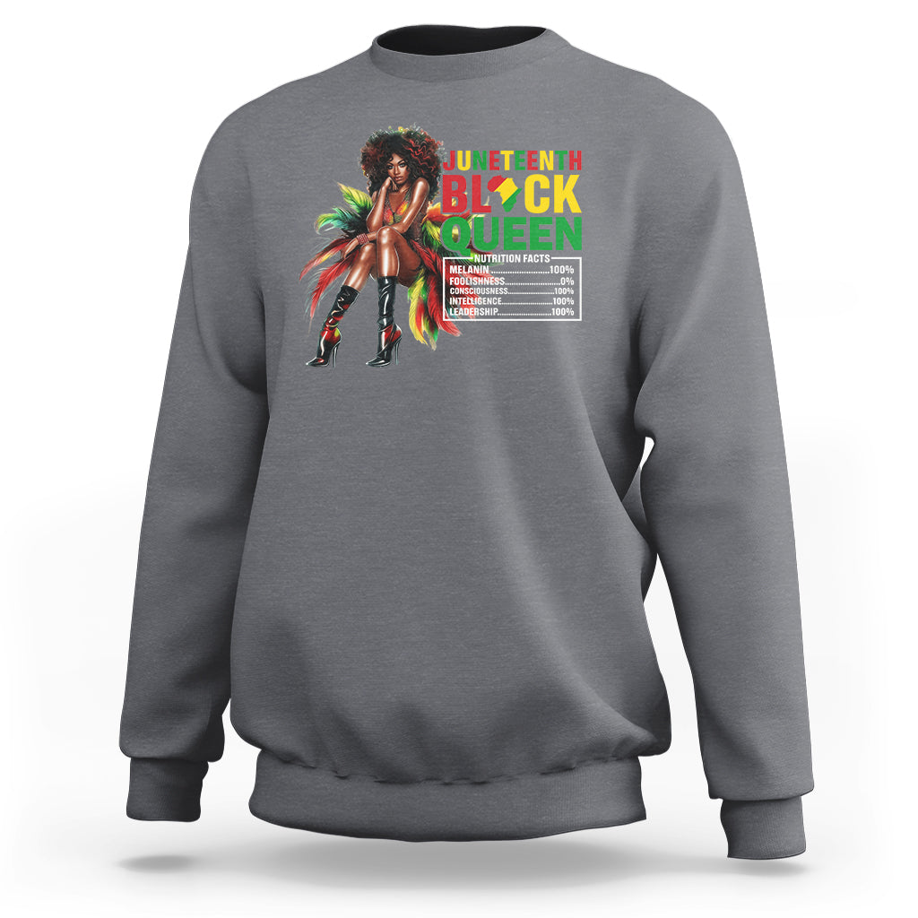 Light gray crewneck sweatshirt with Juneteenth Black Queen graphic on chest