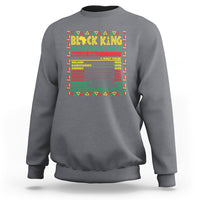 Charcoal gray crewneck sweatshirt with colorful 'Black King Nutritional Facts' chest print