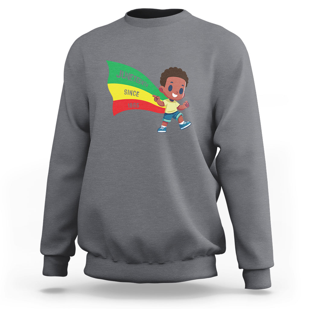 Kids crewneck sweatshirt in heather gray with Juneteenth graphic on front