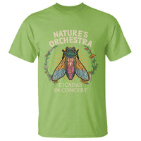 Lime green crew-neck T-shirt with colorful cicadas concert graphic on chest