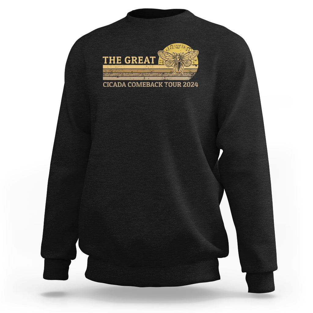 Black crewneck sweatshirt with yellow cicada tour graphic on chest