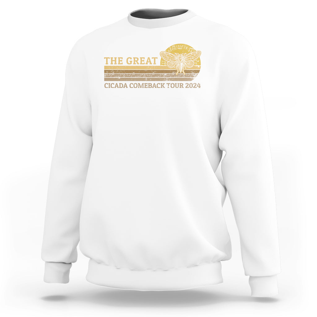 White crewneck sweatshirt with yellow cicada tour graphic on chest