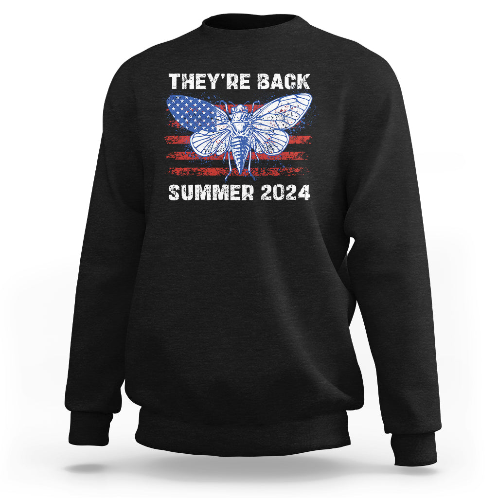 Men's black sweatshirt with back cicada graphic and text “THEY'RE BACK” “SUMMER 2024”