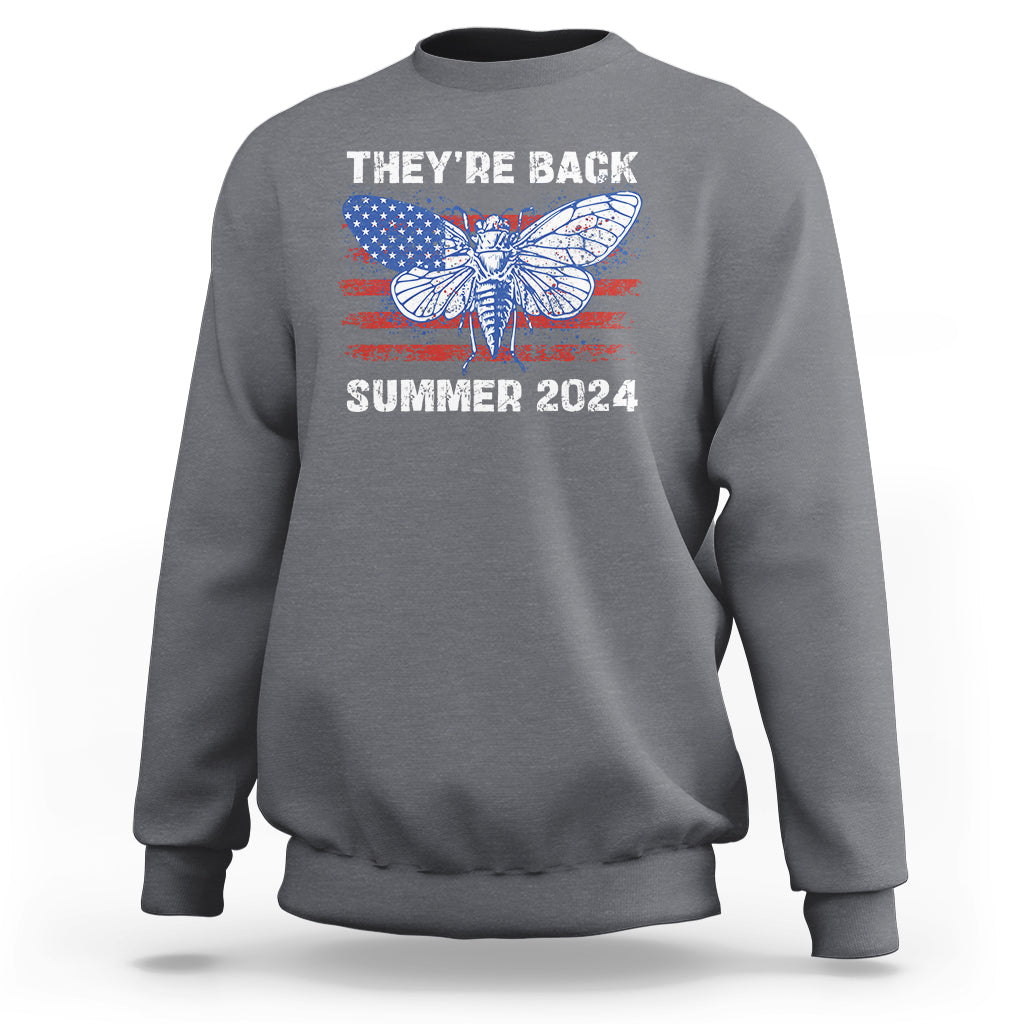 Men's charcoal gray sweatshirt with back cicada graphic and “THEY'RE BACK” “SUMMER 2024”
