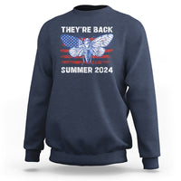 Men's navy sweatshirt with back cicada graphic and “THEY'RE BACK” “SUMMER 2024” text