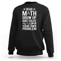 Black sweatshirt with 'DEAR MATH' graphic, crew neck and long sleeves.
