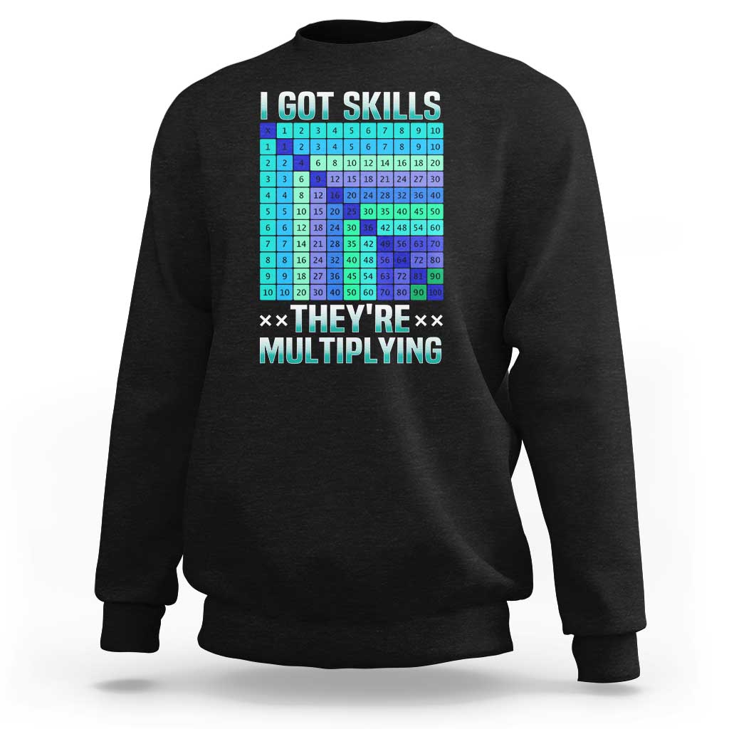 Black crewneck sweatshirt with colorful math skills graphic on front