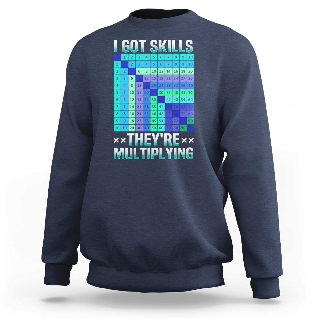 Navy crewneck sweatshirt with colorful math skills graphic on front