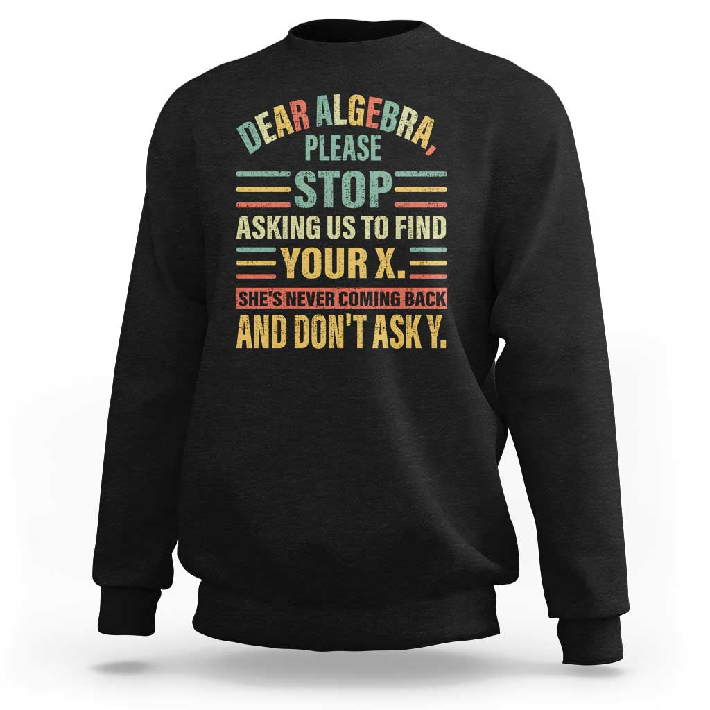 Black crewneck sweatshirt with colorful algebra-themed graphic print on front