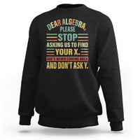 Black crewneck sweatshirt with colorful algebra-themed graphic print on front