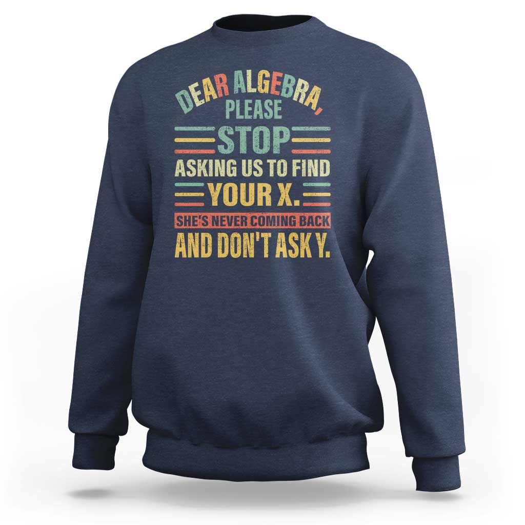 Navy crewneck sweatshirt with colorful algebra-themed graphic print on front