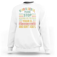 White crewneck sweatshirt with colorful algebra-themed graphic print on front