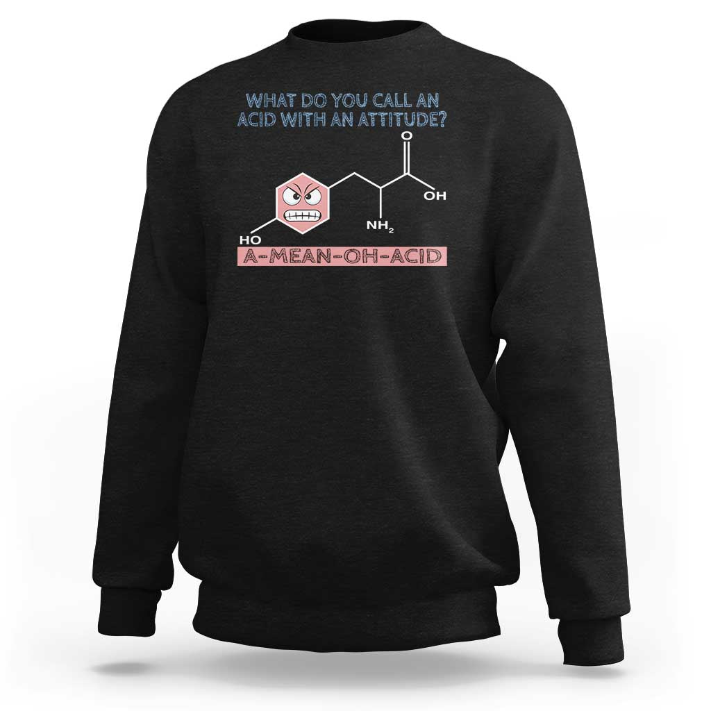 Black chemistry graphic sweatshirt with molecule and acid text on chest