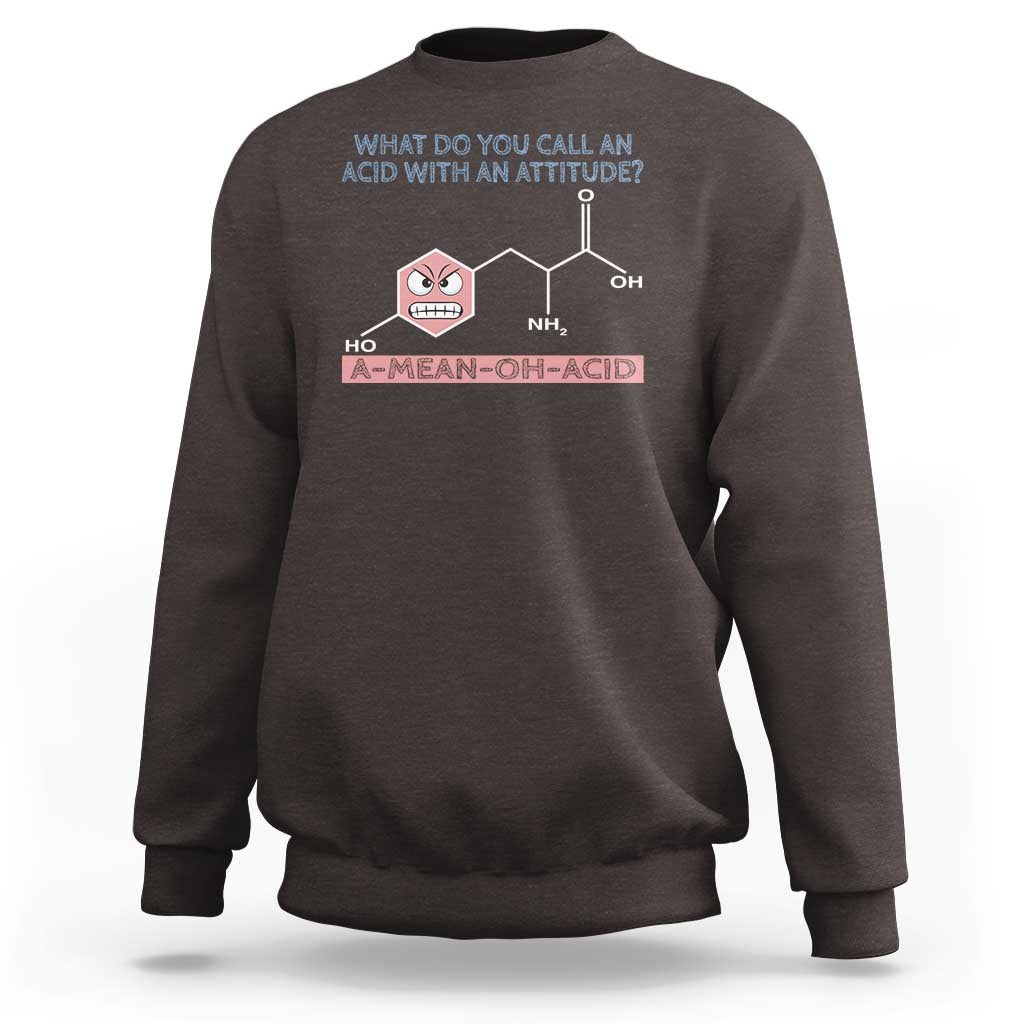 Charcoal brown chemistry graphic sweatshirt with molecule and acid text on chest