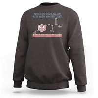 Charcoal brown chemistry graphic sweatshirt with molecule and acid text on chest