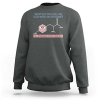 Dark heather gray chemistry graphic sweatshirt with molecule and acid text on chest