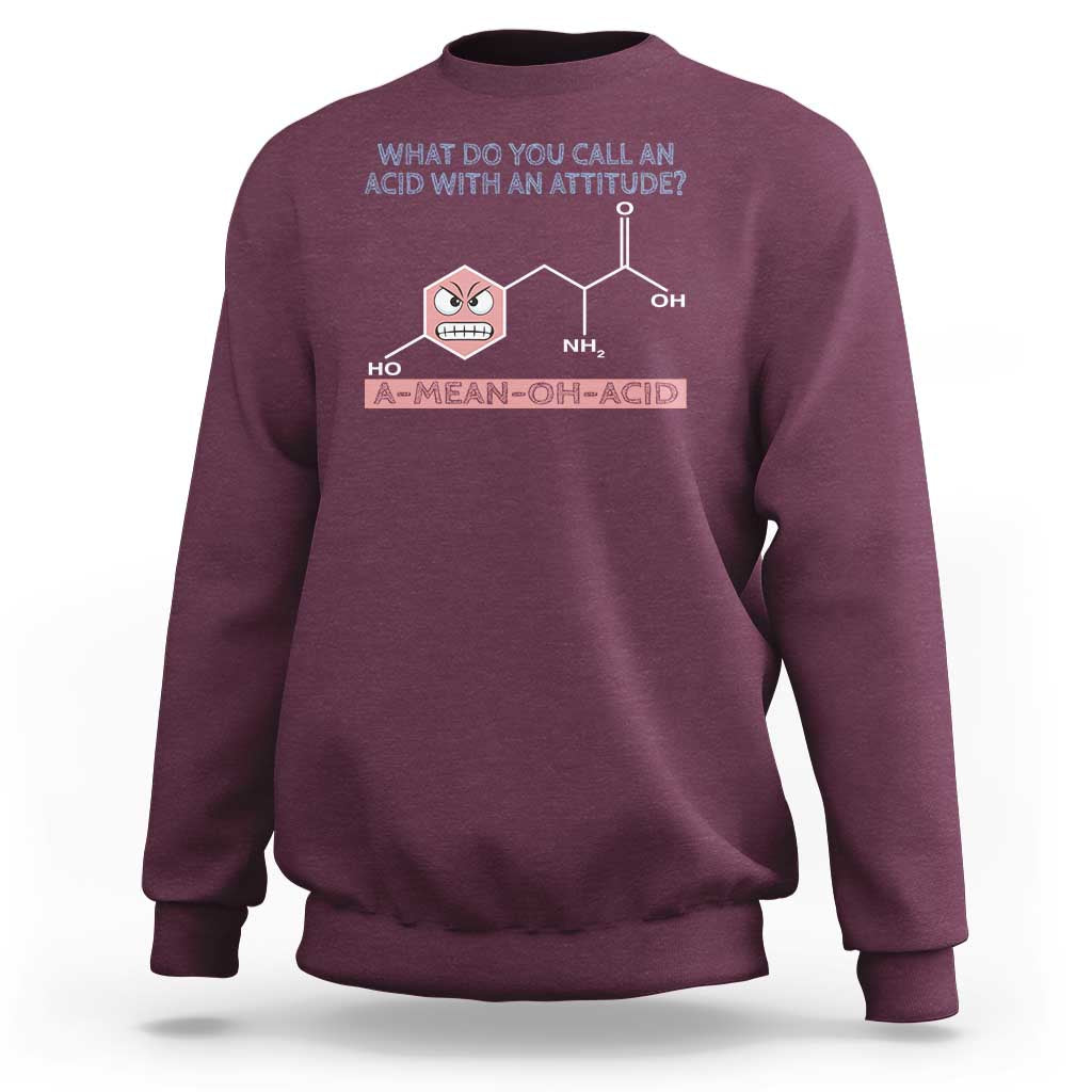 Maroon chemistry graphic sweatshirt with molecule and acid text on chest