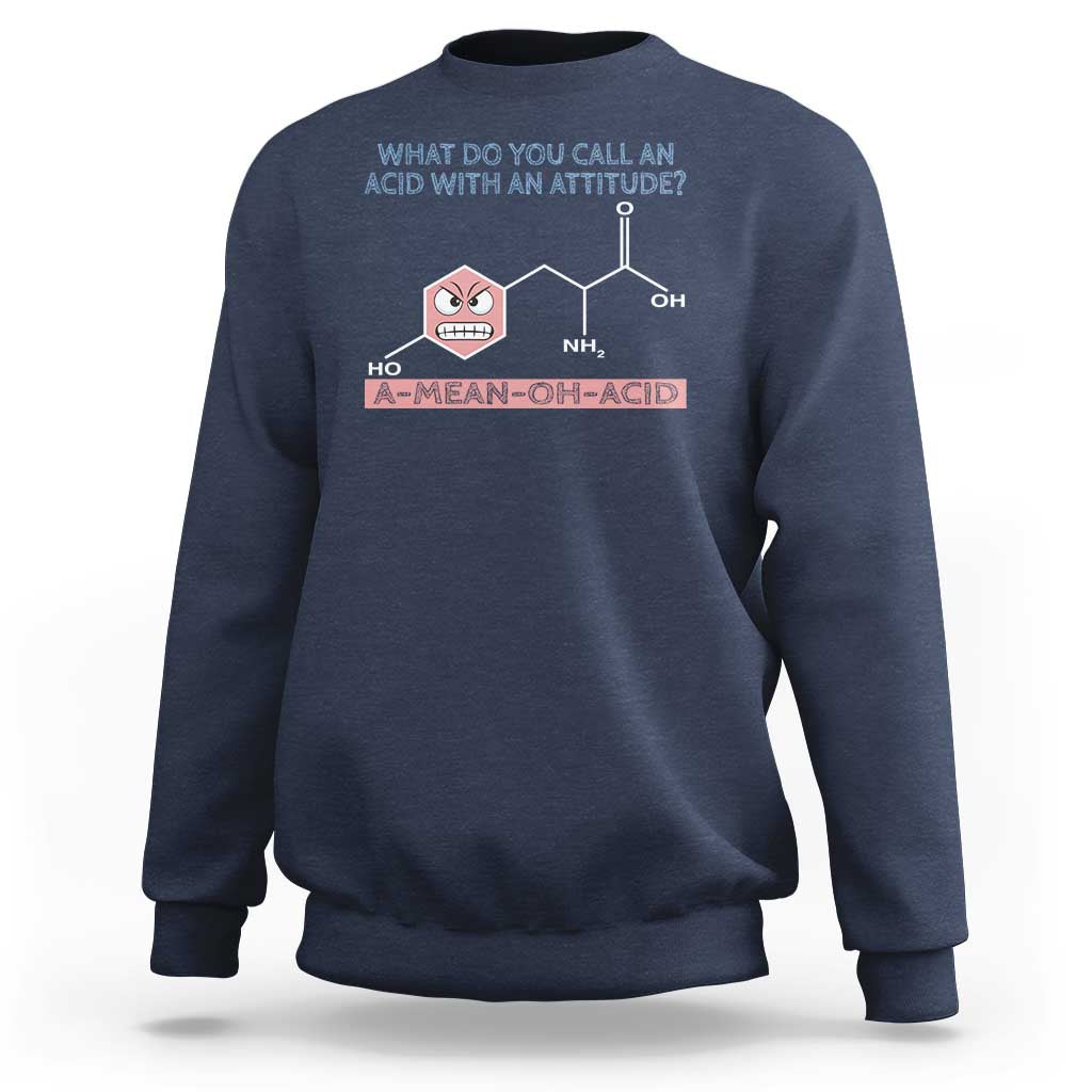 Navy chemistry graphic sweatshirt with molecule and acid text on chest