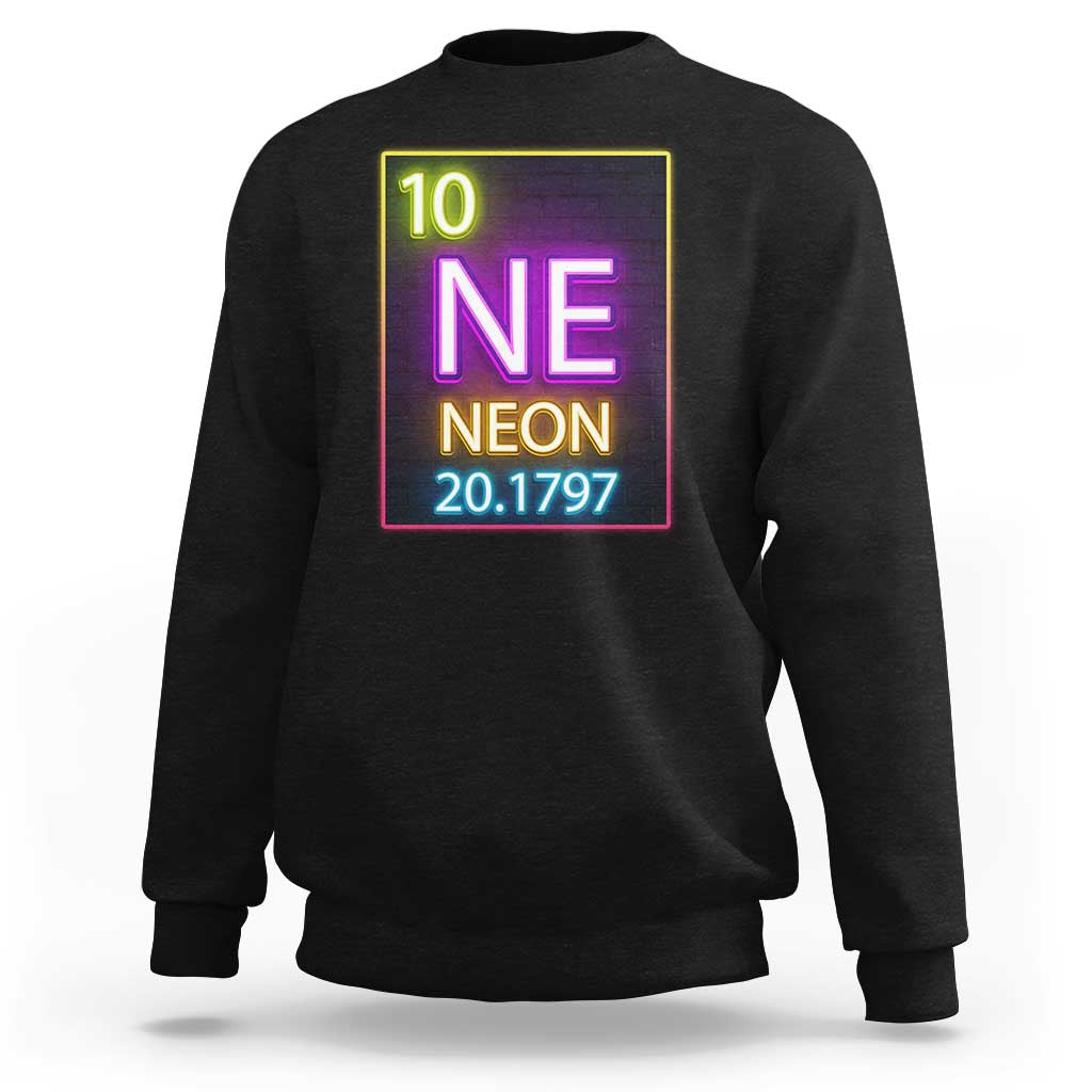 Black crewneck sweatshirt with neon periodic table “NE 20.1797” graphic on chest