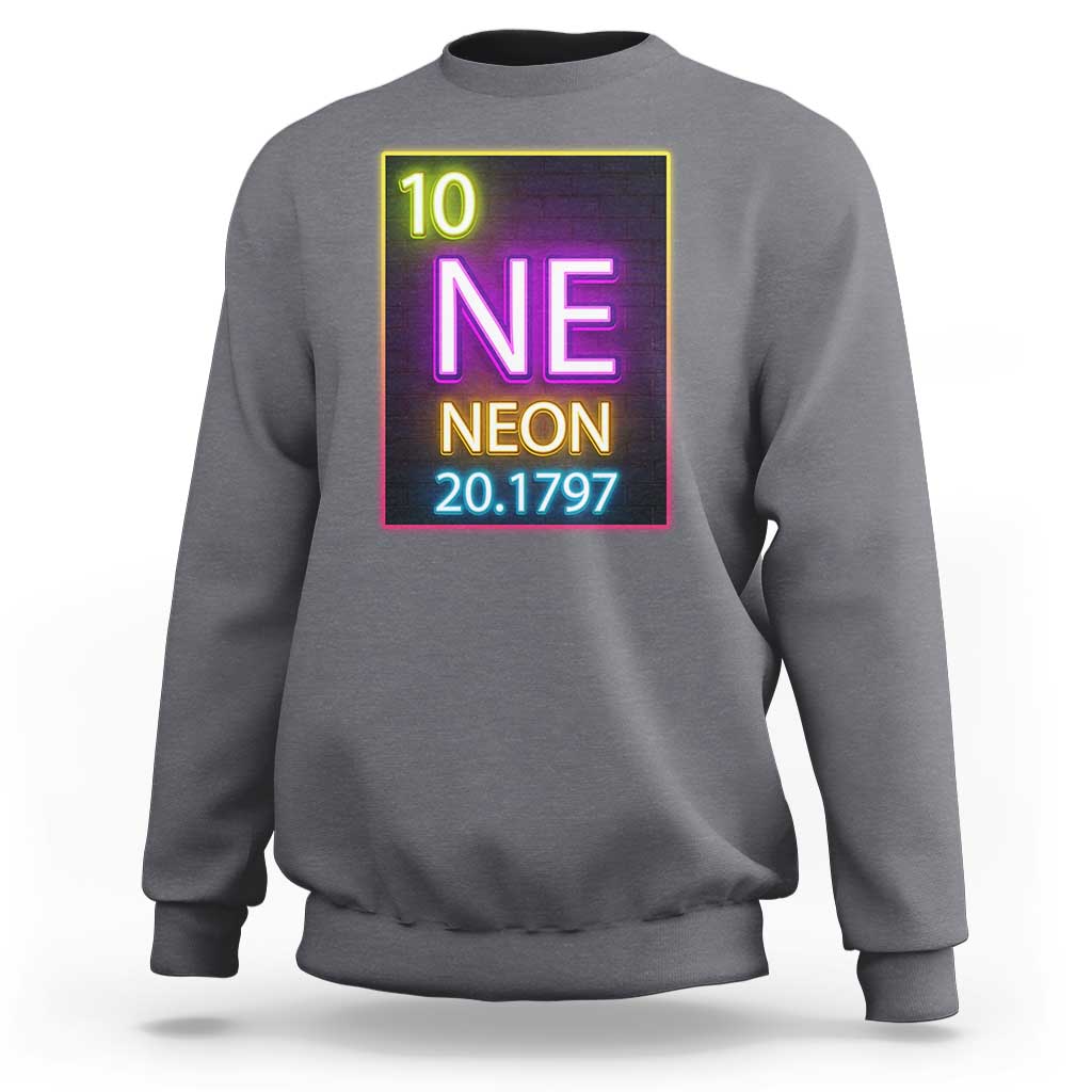 Sport gray crewneck sweatshirt with neon periodic table “NE 20.1797” graphic on chest