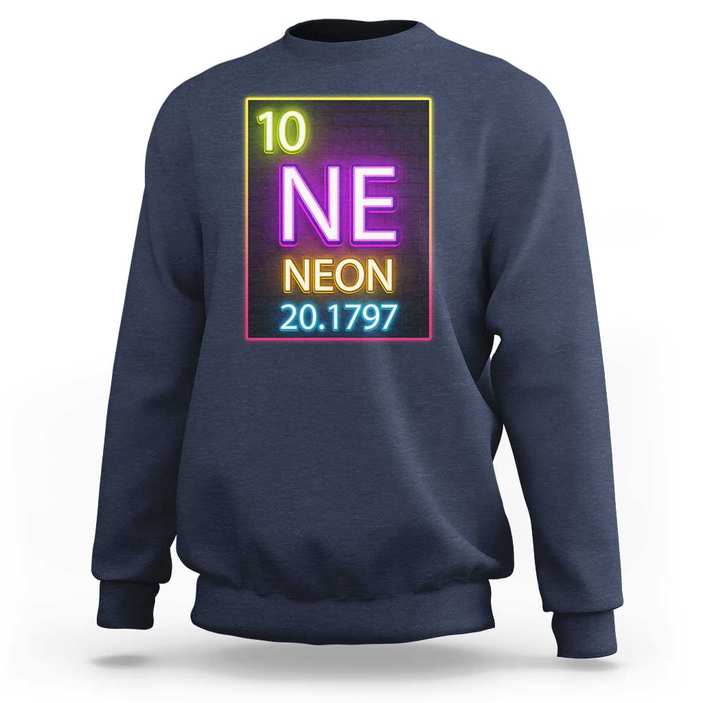 Navy crewneck sweatshirt with neon periodic table “NE 20.1797” graphic on chest