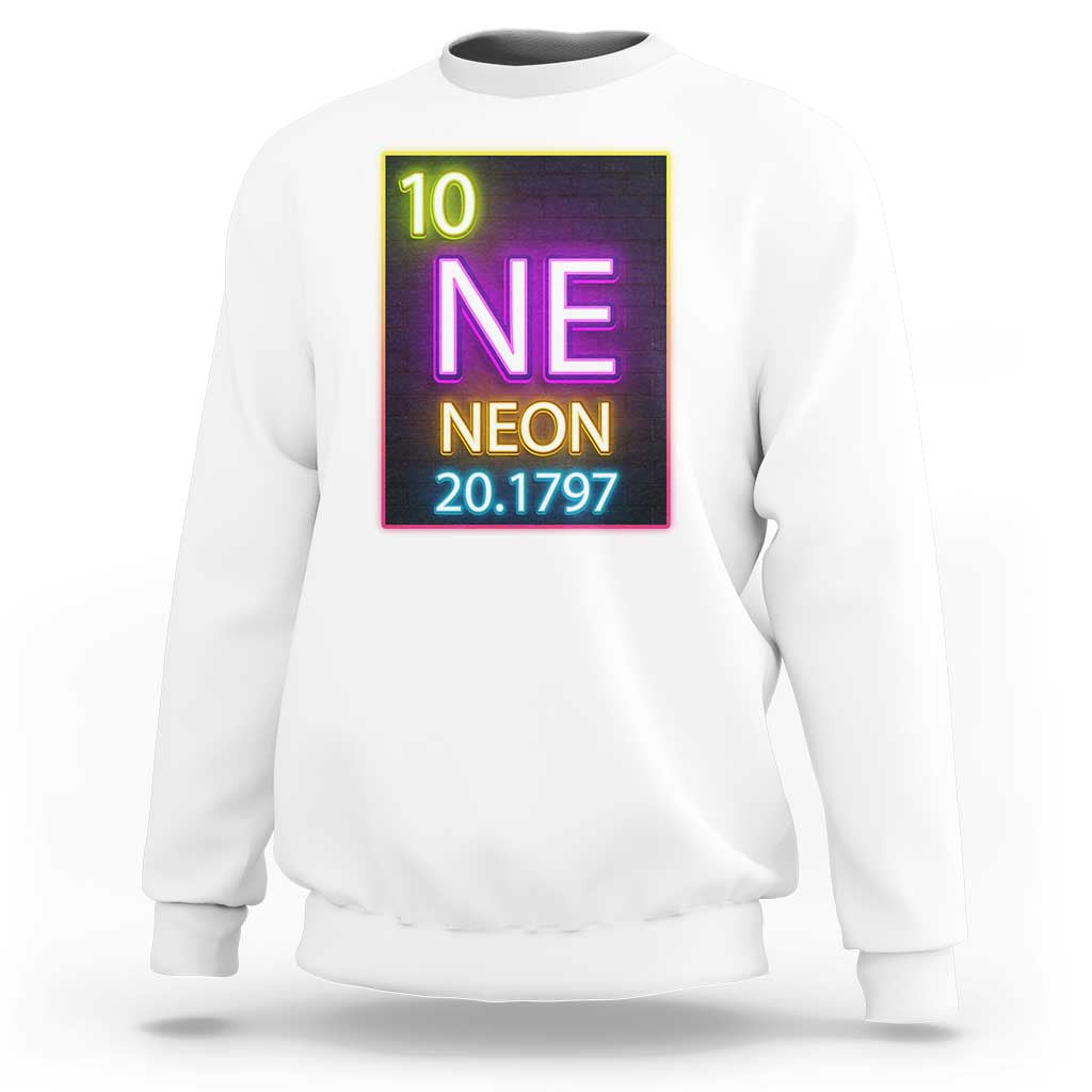 White crewneck sweatshirt with neon periodic table “NE 20.1797” graphic on chest