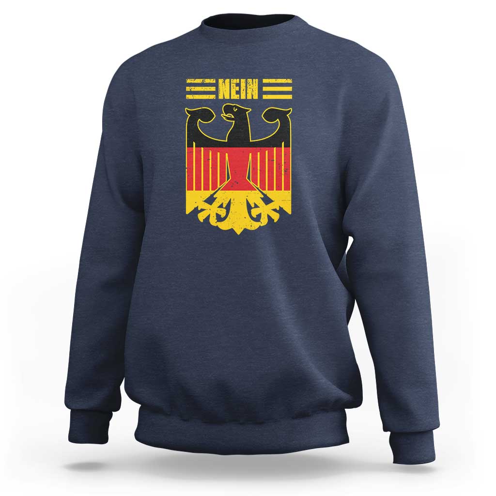 Navy crewneck sweatshirt with bold German flag-style “Nein” graphic on front