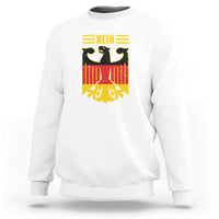 White crewneck sweatshirt with bold German flag-style “Nein” graphic on front