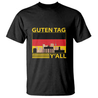 Black short-sleeve T-shirt with 'GUTEN TAG Y'ALL' German flag skyline graphic